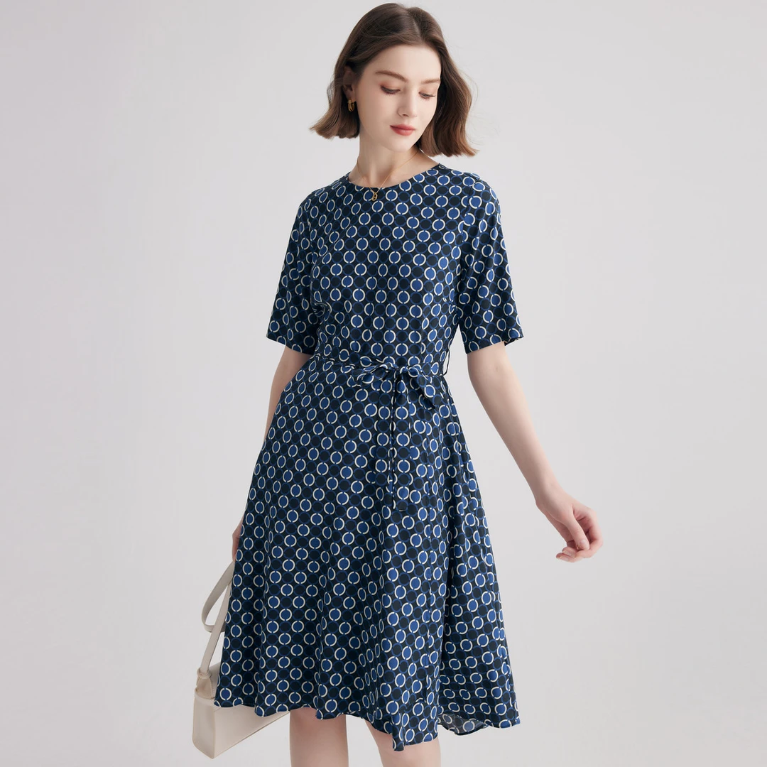 【设计感印花】圆领系带收腰波点桑蚕丝连衣裙ES23551Z