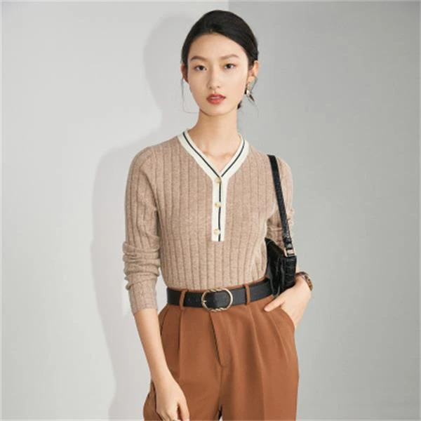 秋冬撞色V领坑条纹软糯毛衣针织羊绒衫女E21906-C