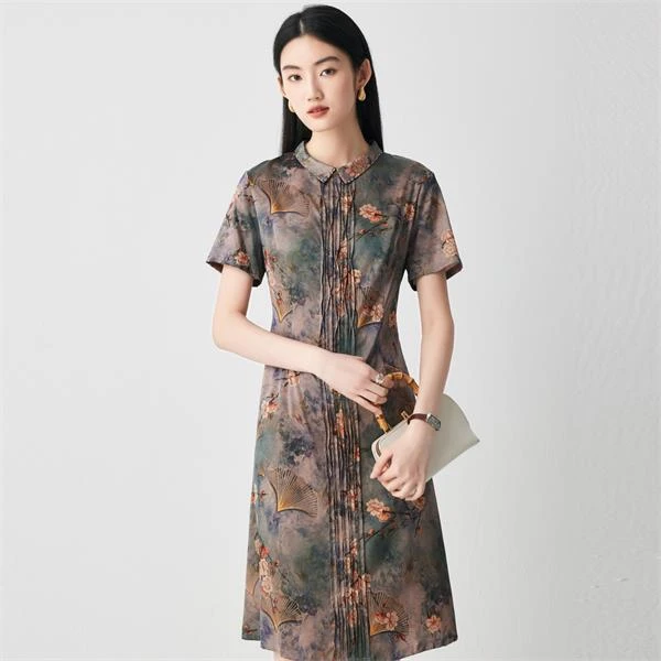 【银杏】24夏季小翻领打褶设计显瘦桑蚕丝连衣裙ES2F0953Z【859】