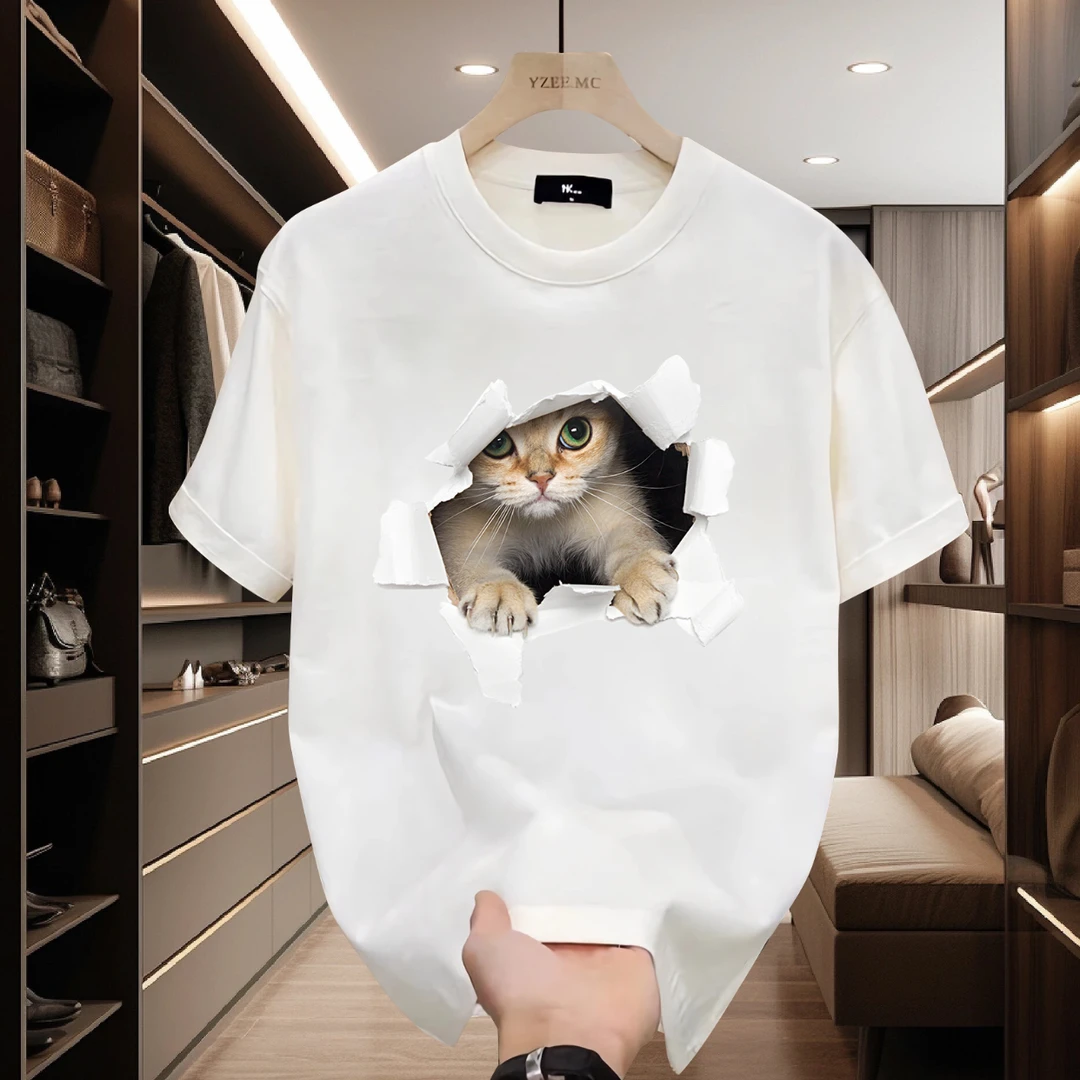 美式痞帅重磅纯棉短袖T恤青年夏季ins潮牌街头男女同款猫咪上衣