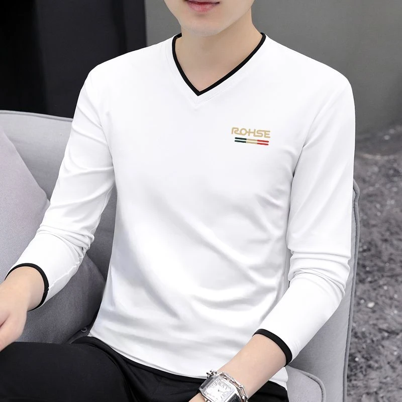 纯棉长袖男士t恤衫春秋衣男高档新款打底衫上衣鸡心领体桖薄款潮