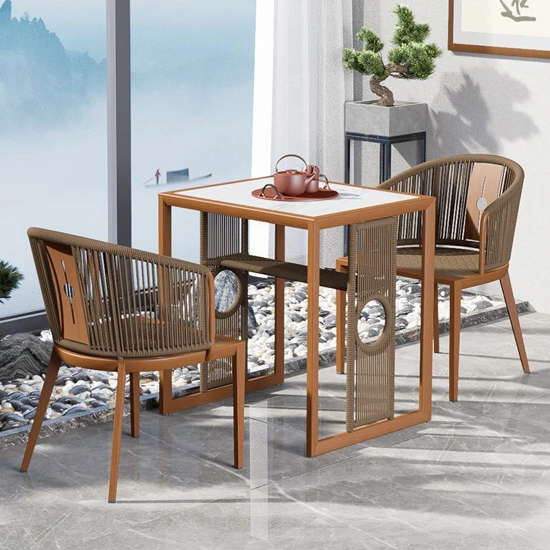 阳台茶桌椅茶几组合三件套庭院花园户外休闲家具胡桃木藤编小桌椅