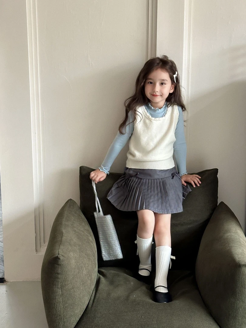 蝴蝶结百褶裙精致miu系洋气淑女百搭公主纯色半身裙春秋女童2025