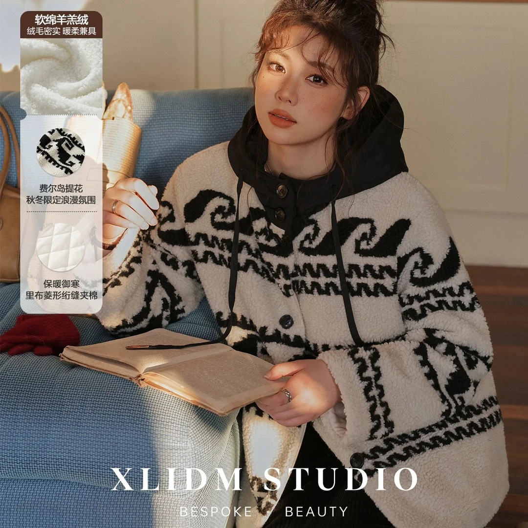 J1793 秋冬新款连帽宽松提花百搭毛呢外套