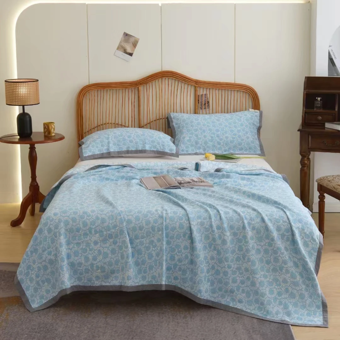 糖果兰色三层提花床单床盖精梳纯棉色织多功能亲肤盖毯