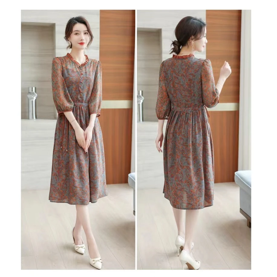 0229透气裙子妈妈装高贵新款象牙黄色妈妈装洋气收腰过膝法式