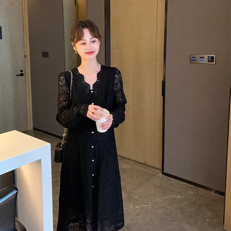 小黑裙~法式初恋孕妇连衣裙气质早秋时尚款黑色显瘦蕾丝长裙