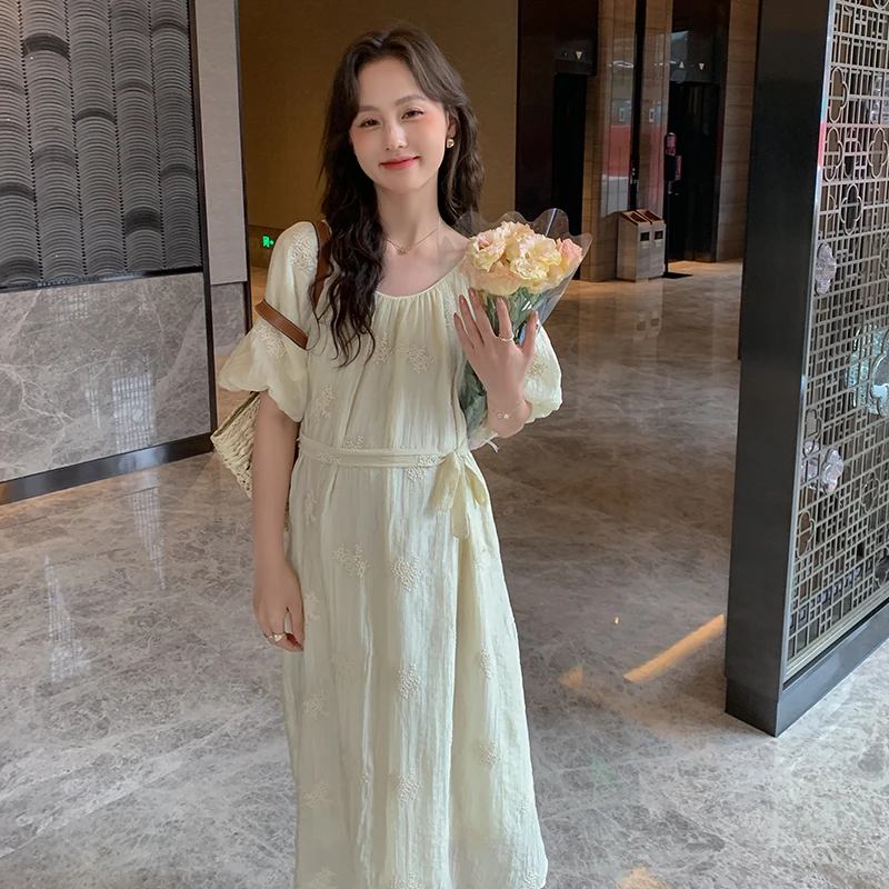 孕妇法式连衣裙夏季优雅宽松遮肚腰带高级感连衣裙长款薄款泡泡袖