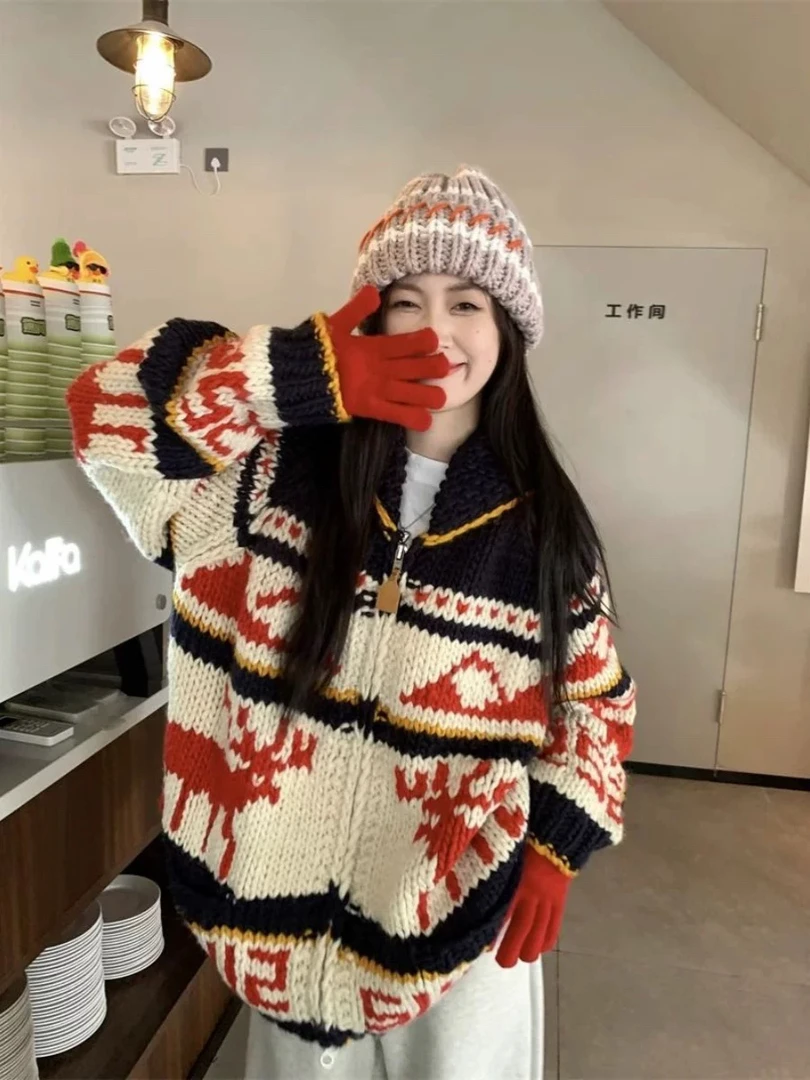 现货 麋鹿手打毛针织衫拉链慵懒风针织衫复古秋冬毛衣开衫上衣