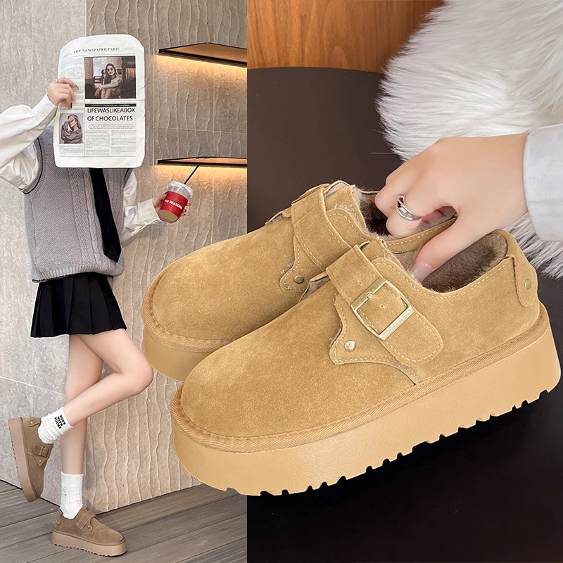 厚底豆豆鞋女秋冬季加绒女款雪地靴乐福2024新款一脚蹬勃肯鞋