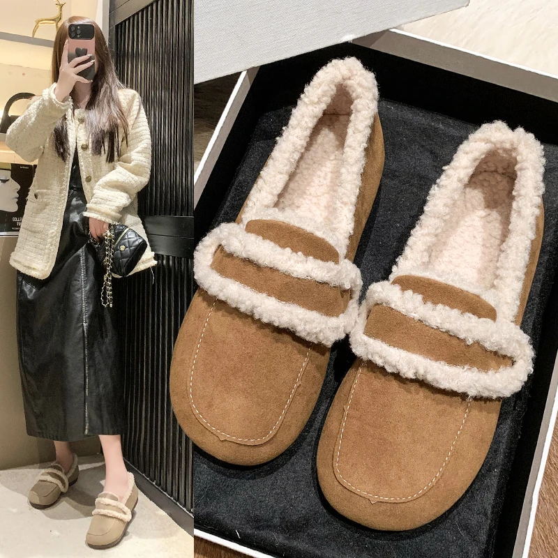 新款毛毛豆豆鞋加绒一脚蹬平底女棉鞋韩版外穿软底百搭网红女鞋
