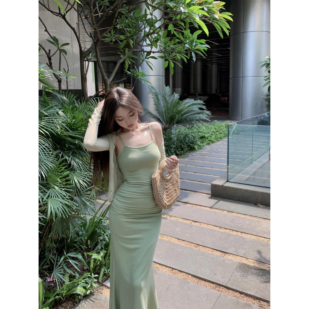 甜辣妹绿色吊带连衣裙女夏裹胸露背一步长裙子紧身弹力包臀鱼尾裙