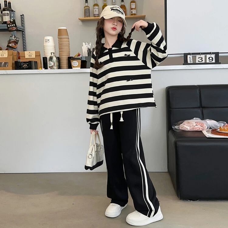 女童秋季卫衣套装2024新款女大童洋气条纹POLO衫休闲时髦两件套潮