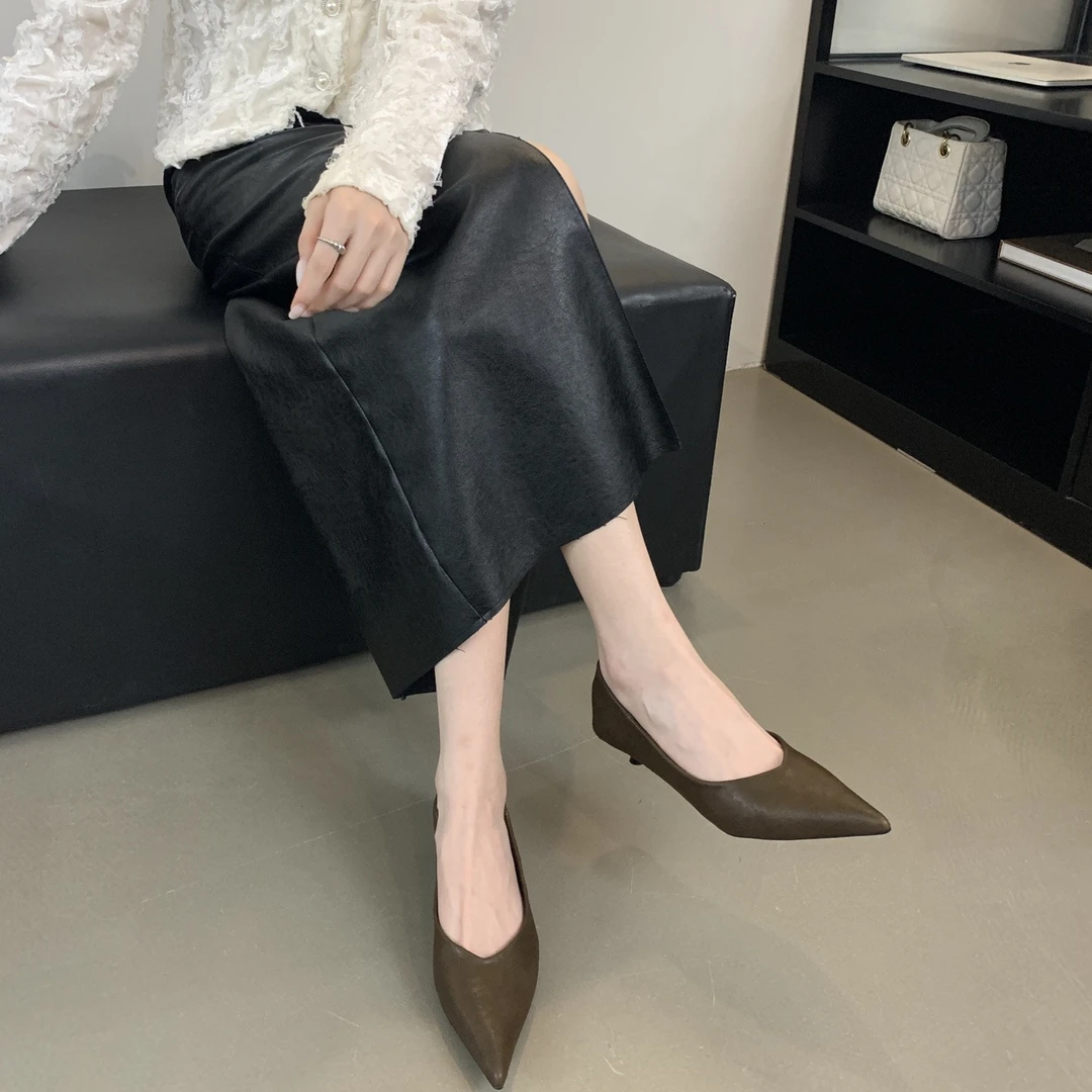 欧美纯色尖头浅口单鞋女新款百搭通勤时尚低跟鞋21099-1