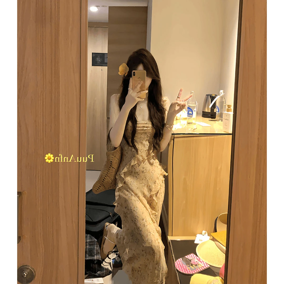 法式黄色露背碎花夏季2024新款吊带【油画少女】气质百搭长款连衣裙