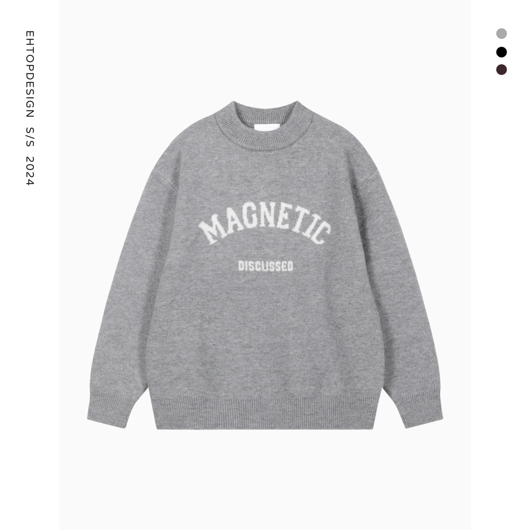 宽松冬季灰色印花圆领针织衫慵懒百搭男女同款休闲打底毛衣9906-3