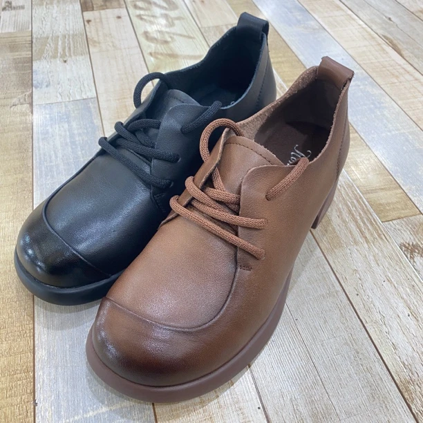 真皮女鞋圆头舒适防滑软底牛皮系带休闲单鞋