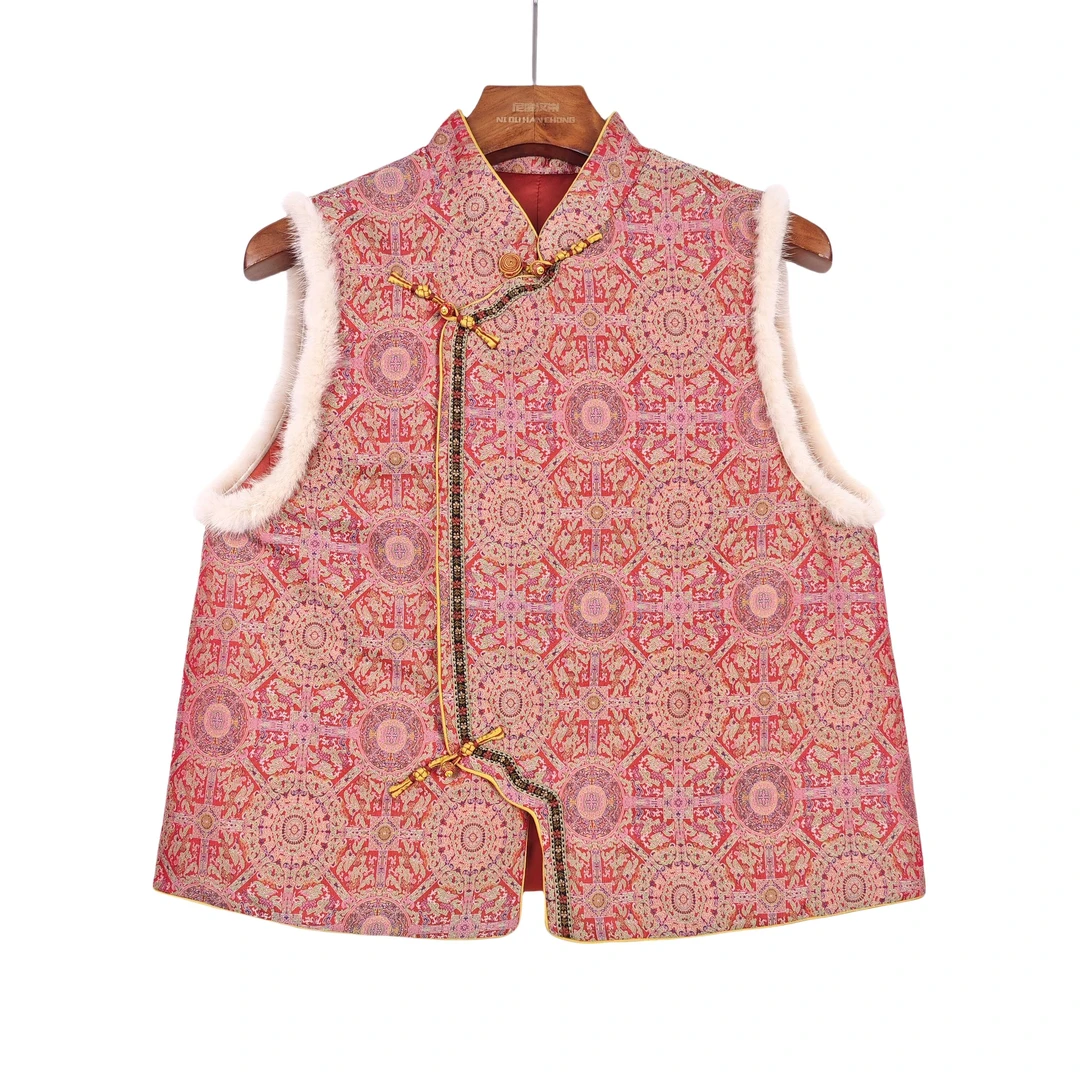 【知渝】桑蚕丝马夹中式印花中国风复古冬季马甲圆领C25001