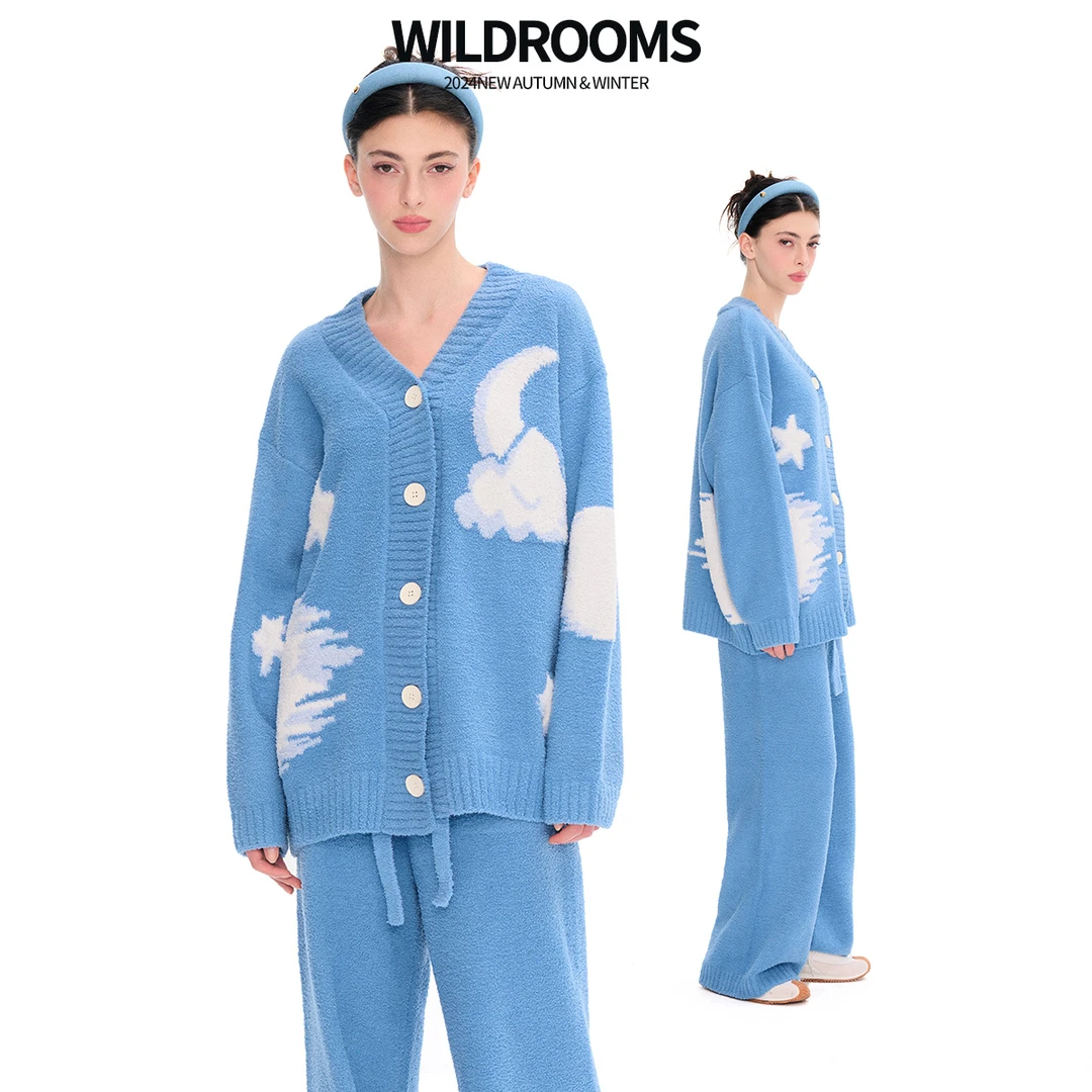 WildRooms秋冬蓝色家居服睡衣套装保暖长袖女士舒适