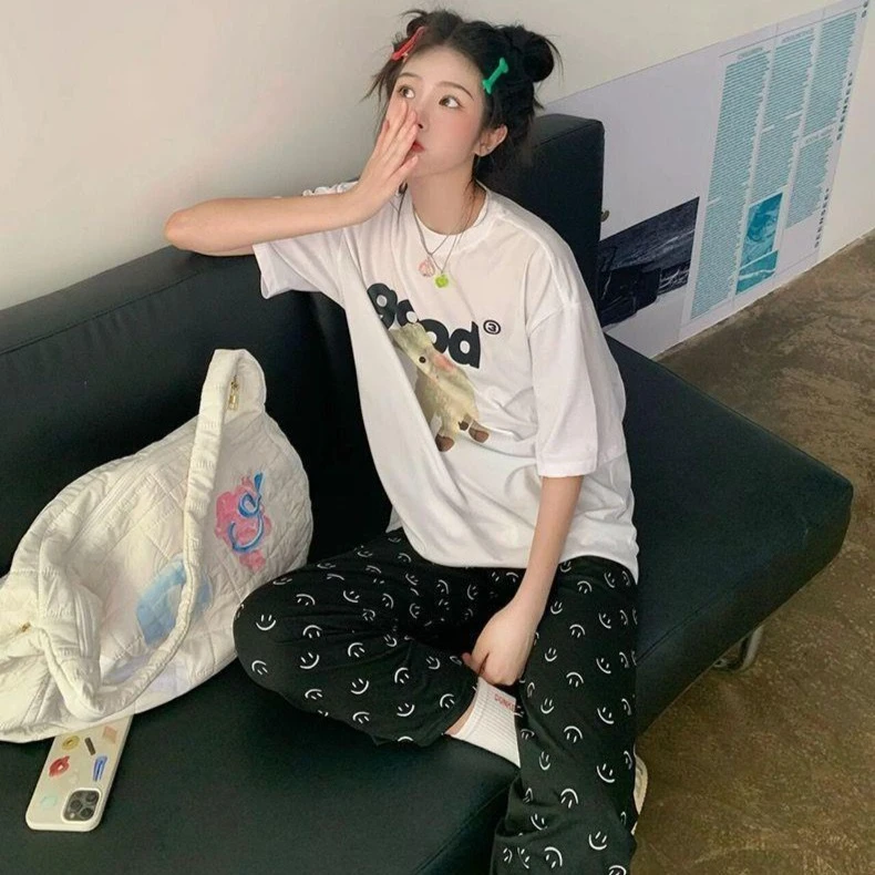 遛弯裤子!黑色笑脸韩版百搭夏季宽松家居休闲睡裤女春秋外穿长裤