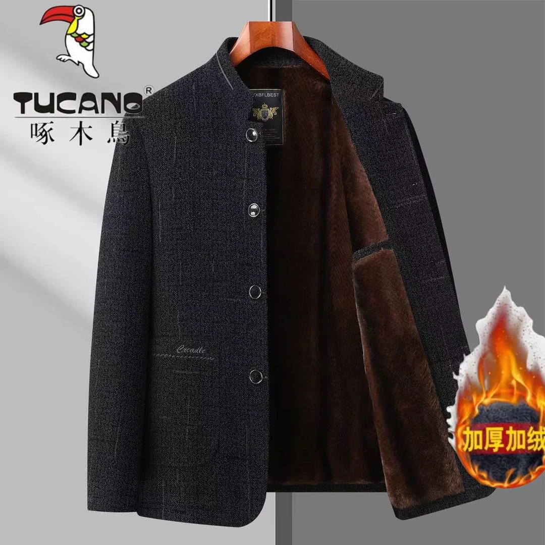 TUCANO/啄木鳥冬季中老年人雪尼尔立领钮扣棉衣加绒加厚爸爸外套