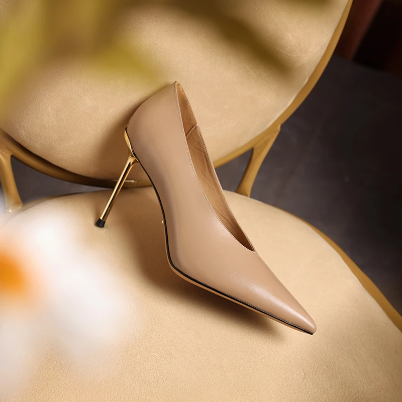 时尚尖头单鞋细跟奶奶鞋真皮女鞋2024春季新款气质高跟鞋不累脚