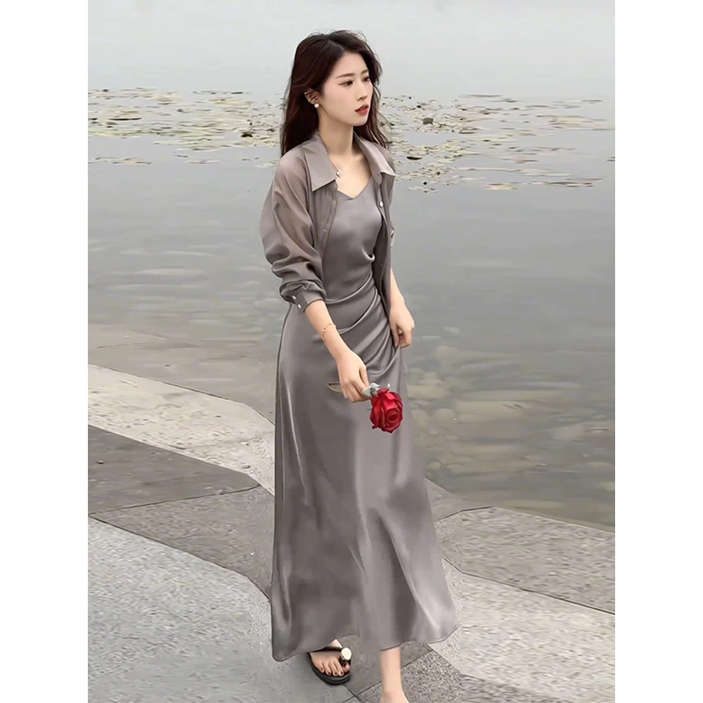 轻熟风连衣裙套装女夏季新款收腰显瘦吊带裙衫衬衣洋气两件套