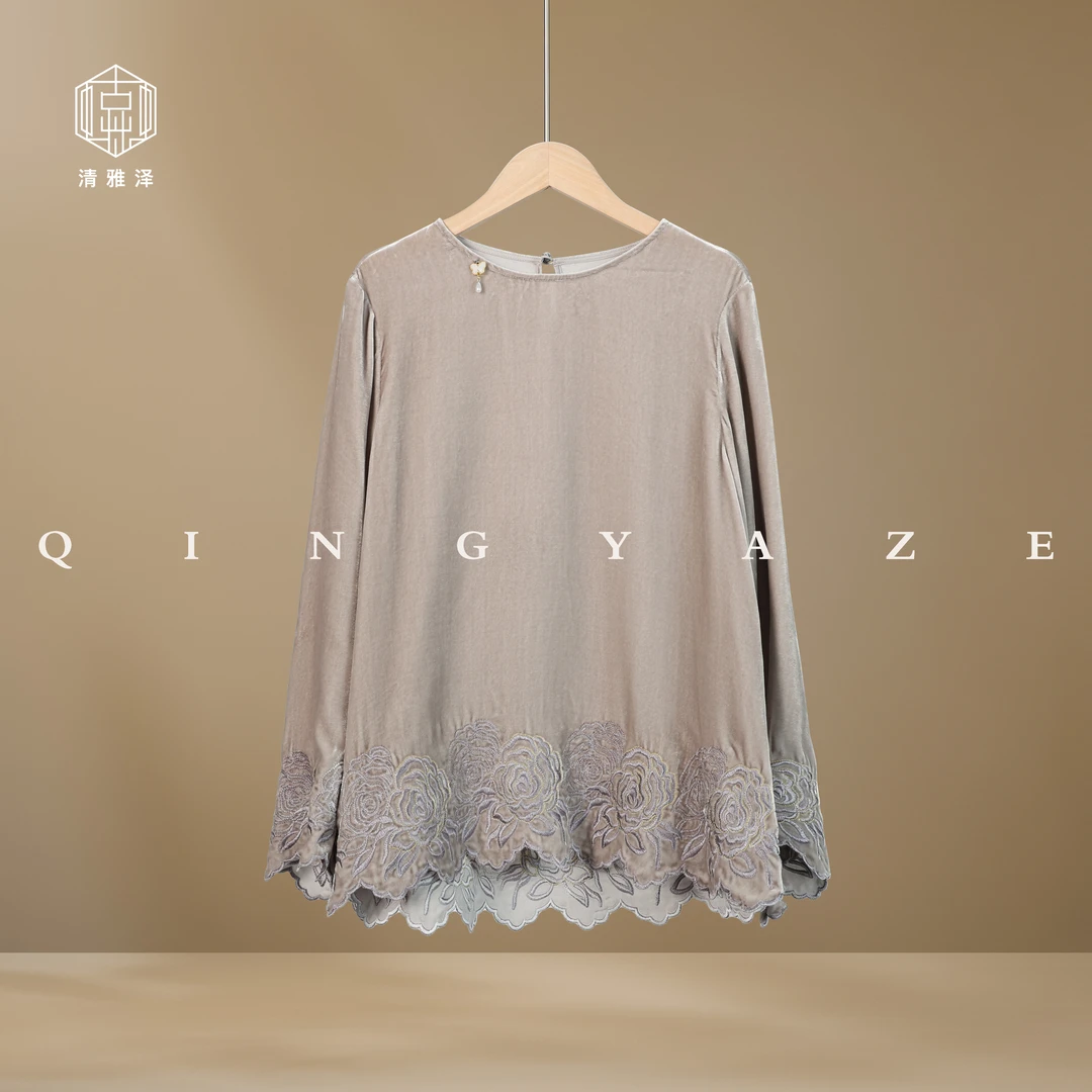 清冷金玫瑰！真丝丝绒新中式上衣！GZ4676