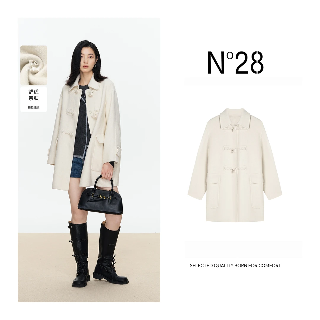 N°28 2024秋冬时尚百搭舒适气质牛角扣中长款双面休闲毛呢外套