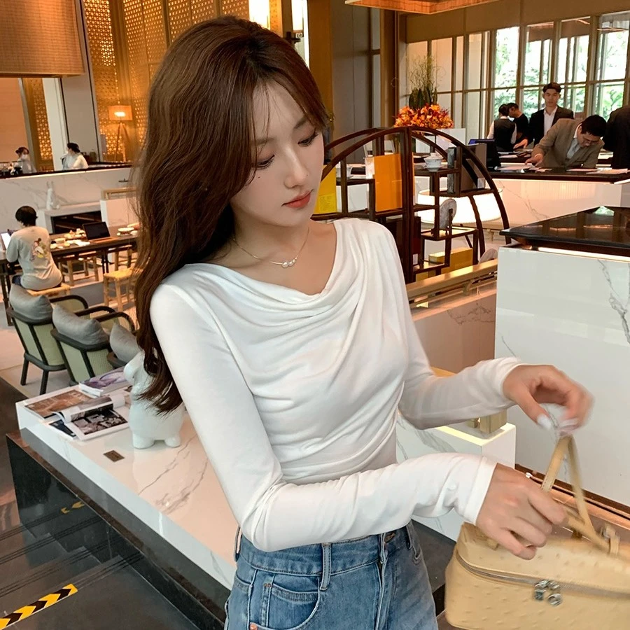 法式不对称荡领长袖打底衫