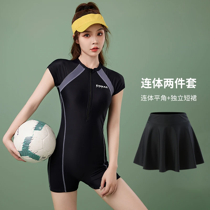 YDL911夏季学生运动沙滩打球体操服连体平角拉链独立短裙大码泳衣