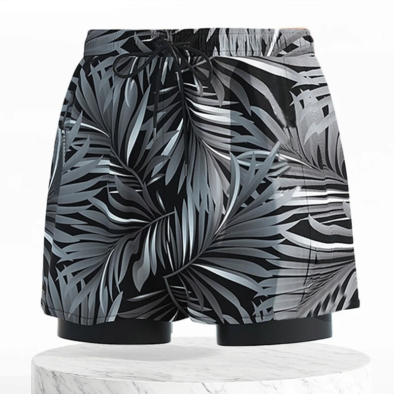 时尚沙滩泳裤带抽绳假两件防尴尬加大码运动健身泡温泉五分游泳裤