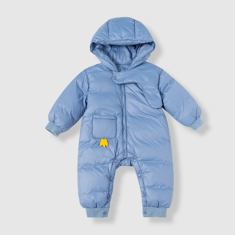 冬季90白鸭绒羽绒服宝宝婴儿A类加厚保暖羽绒长爬连帽连体衣3410