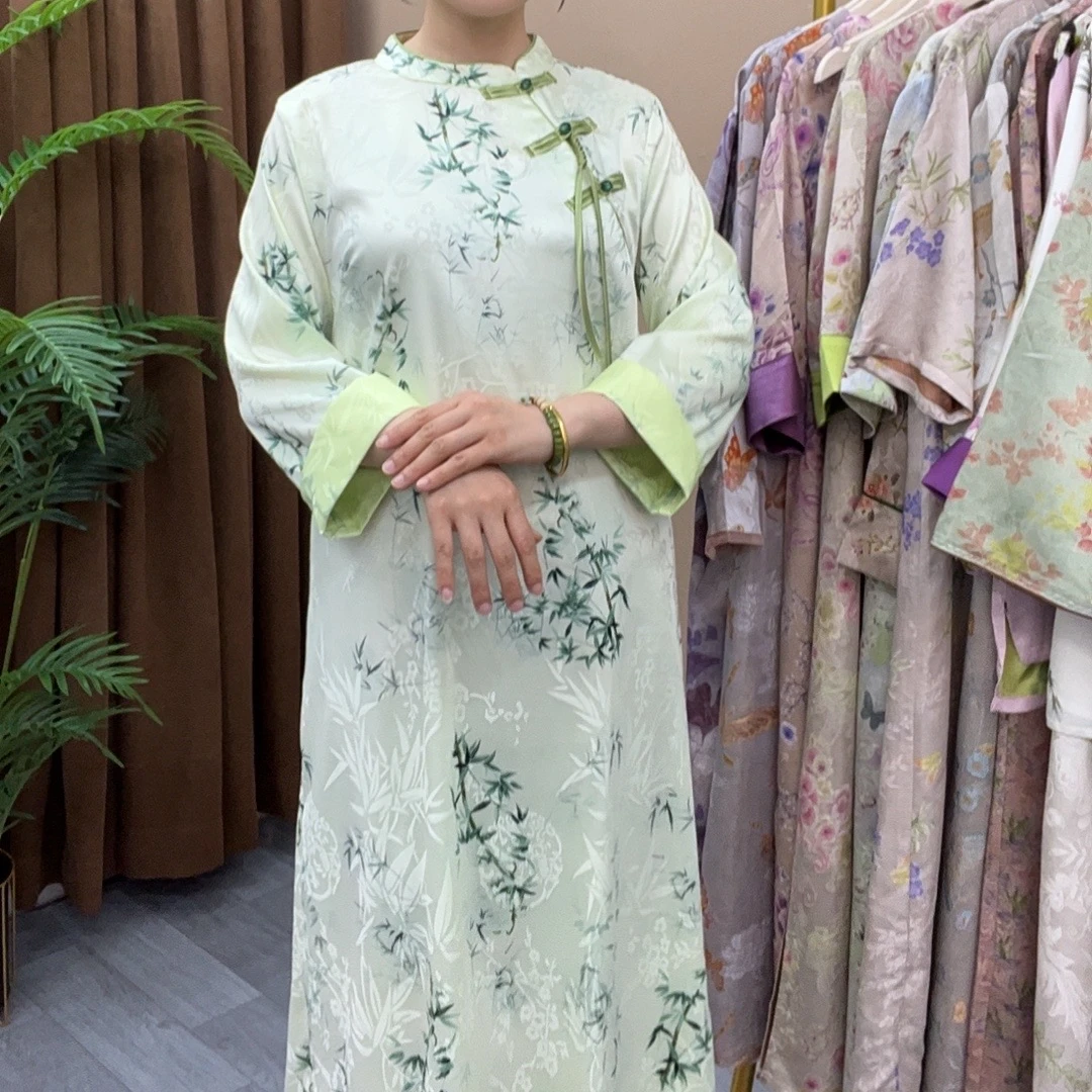 【青绣竺】夏季新中式国风气质复古高端旗袍竹叶显瘦提花宽松连衣裙