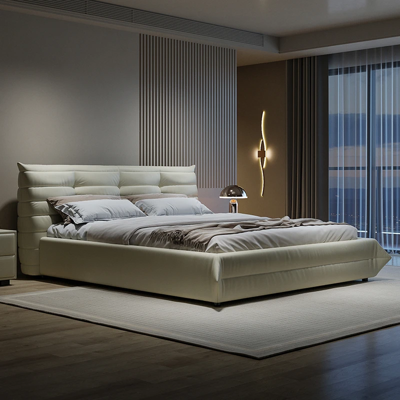 毛毛虫真皮床磨砂布奶油风法式主卧大床意式极简1.8米双人大婚床