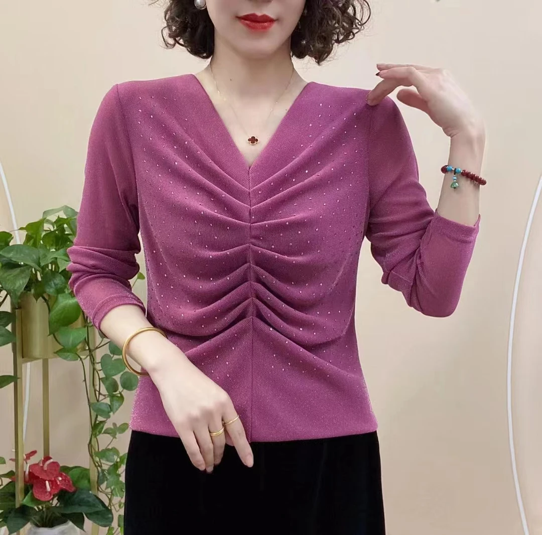 秋新款V领时尚百搭气质款显瘦纯色网纱烫钻长袖上衣打底衫157#