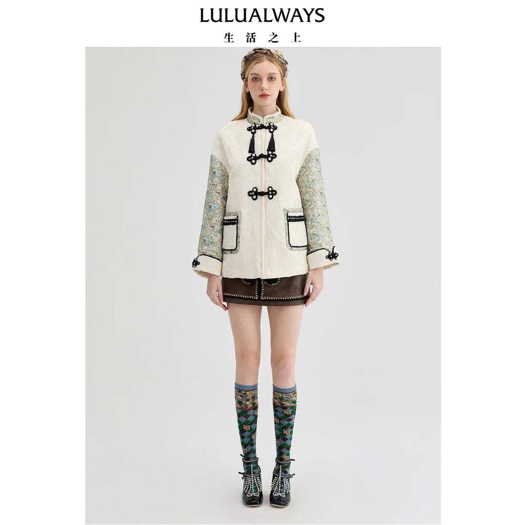 【商场同款】24冬季新款典雅新中式丝绒拼接立领短外套LPD1038