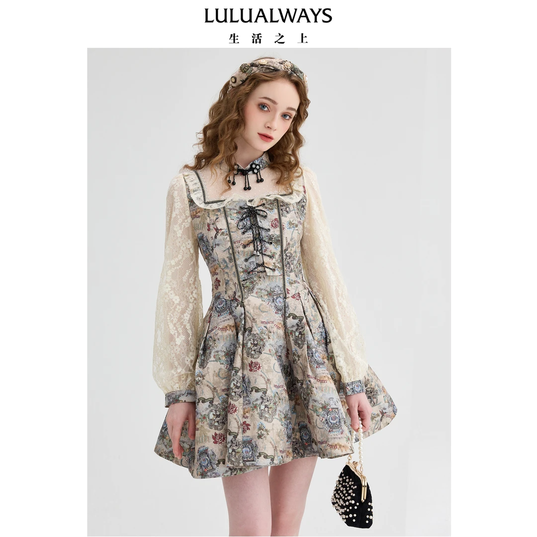 LULUALWAYS  24秋季新款复古公主风高腰显瘦印花连衣裙LPC5087