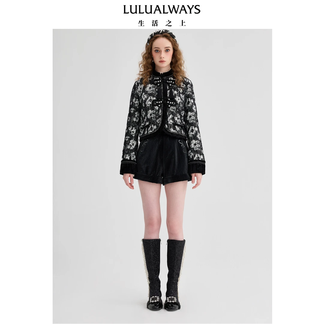 【商场同款】24秋季新款设计感时尚复古短款印花丝绒小香风外套