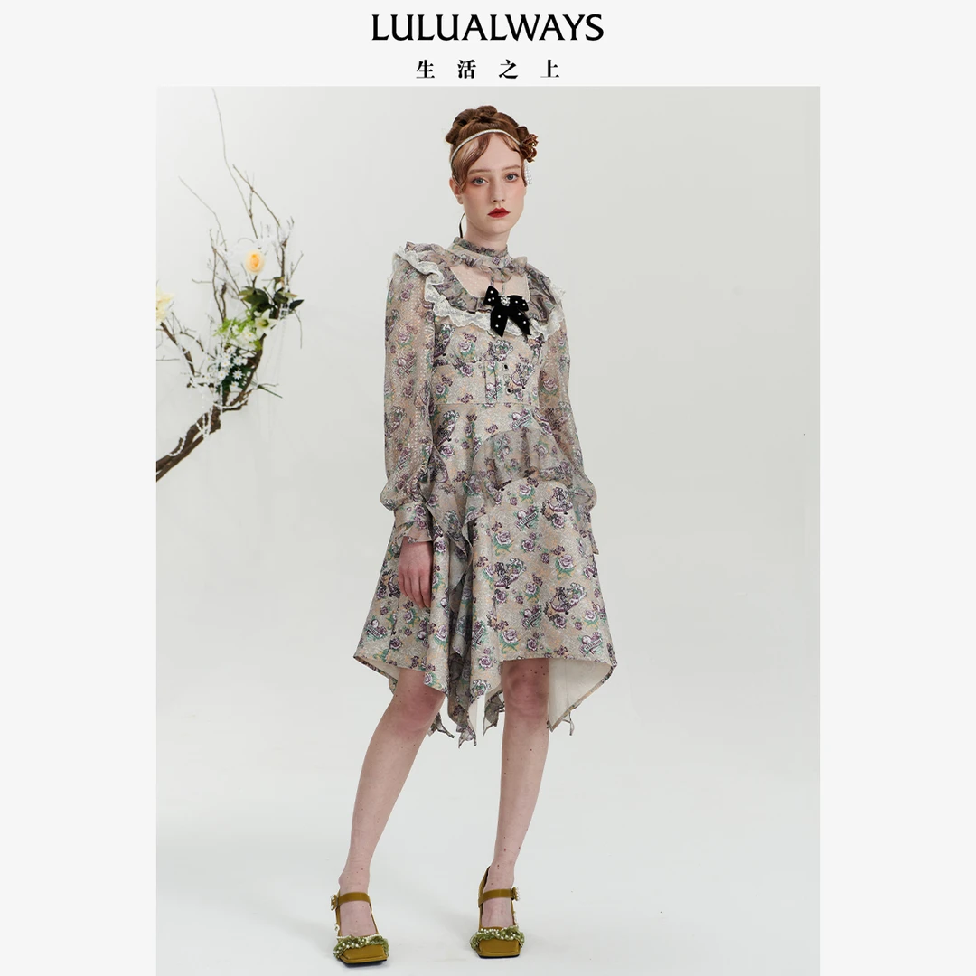 LULUALWAYS23春季宫廷风拼接网纱女装连衣裙LOA502K