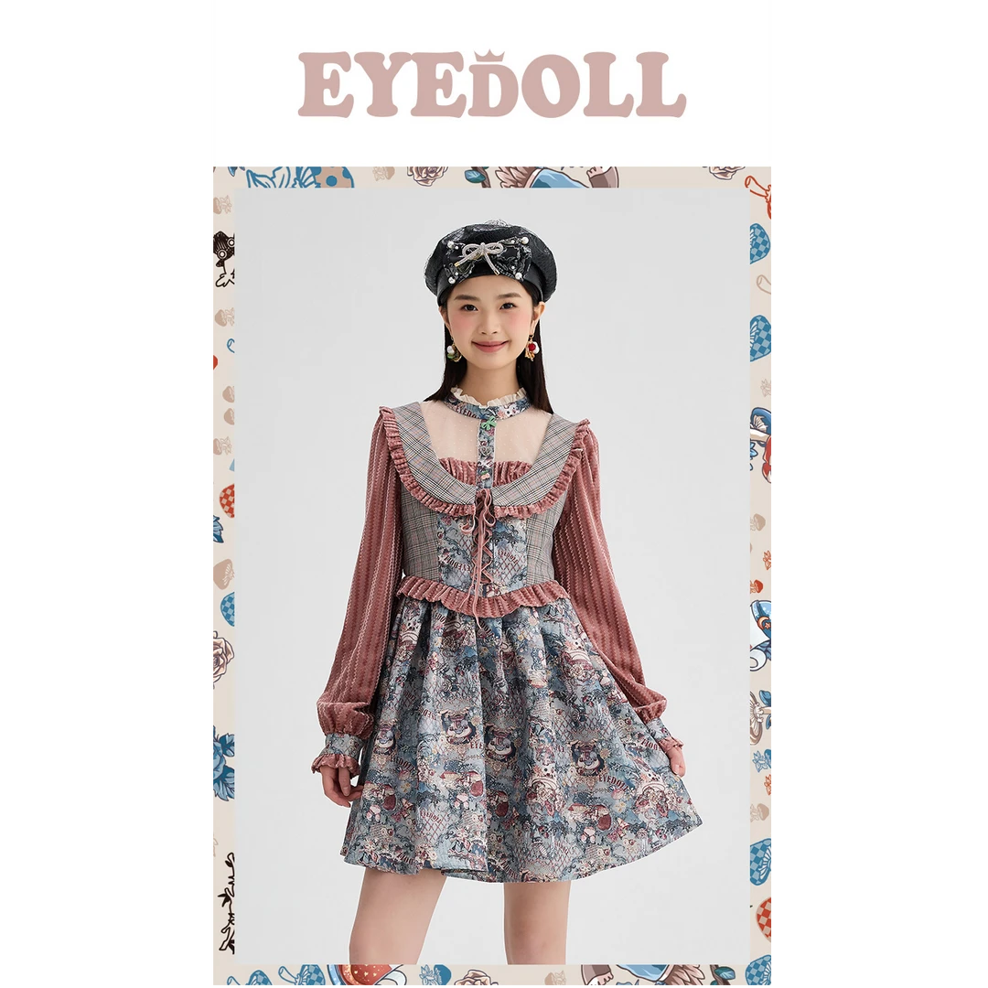 EYEDOLL 复古千禧风蕾丝立领拼接丝绒印花修身显瘦A字长袖连衣裙