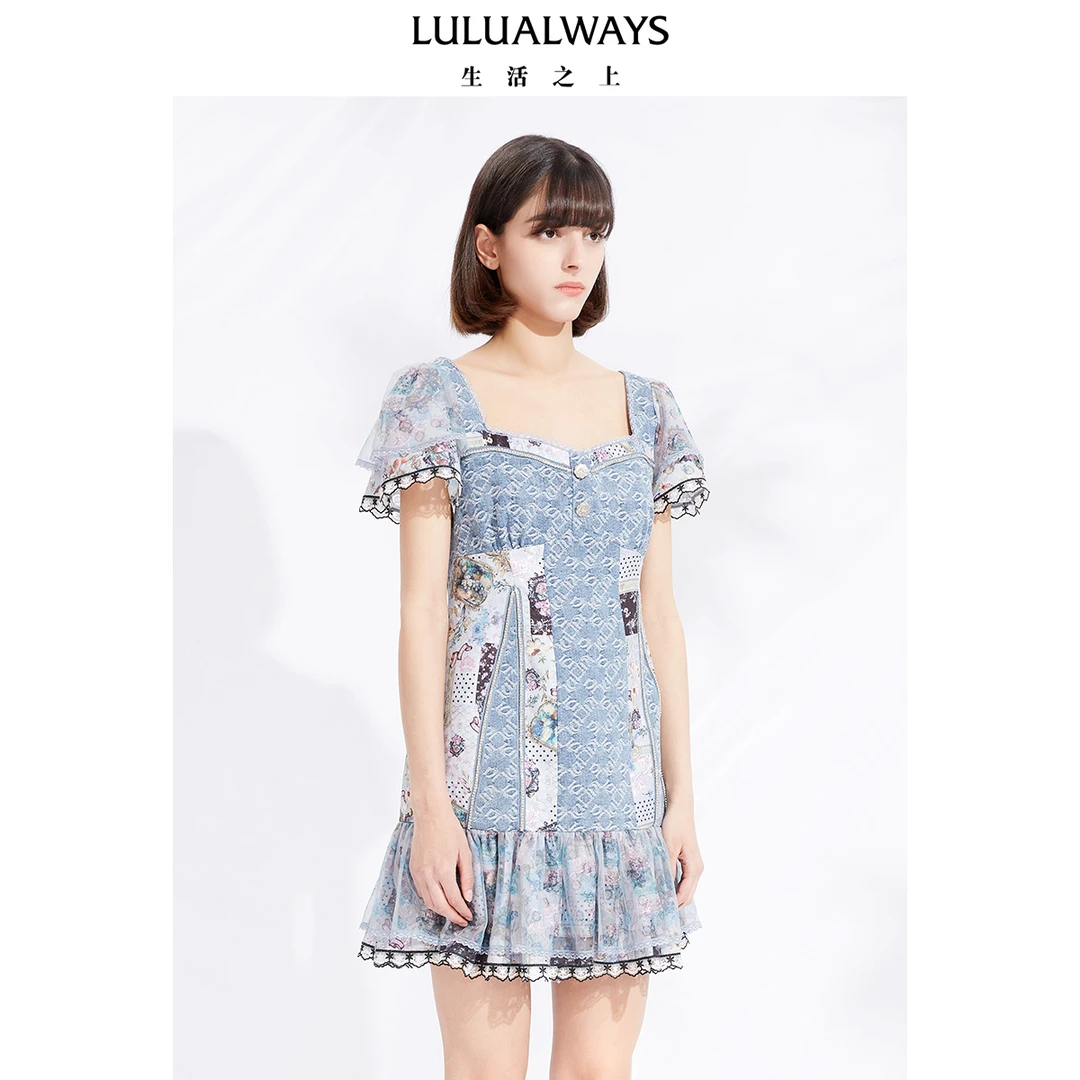 LULUALWAYS蕾丝网纱拼接复古花纹连衣裙女LNB5035
