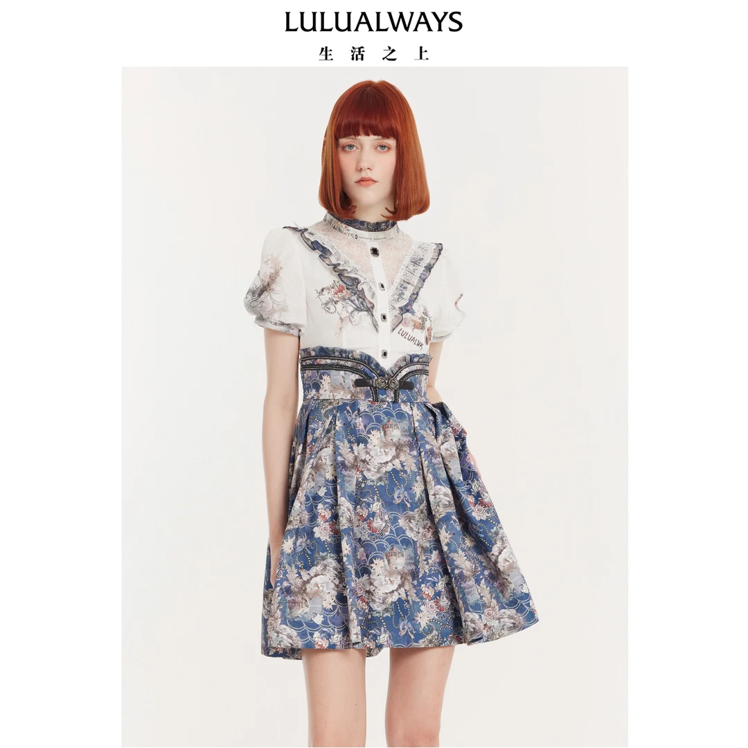 LULUALWAYS24夏季新款复古印花拼接短款连衣裙LPB5083
