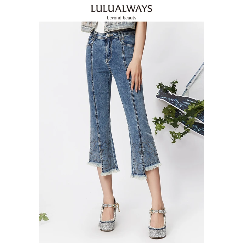 LULUALWAYS新款不规则镶钻微喇牛仔裤女LMB3131