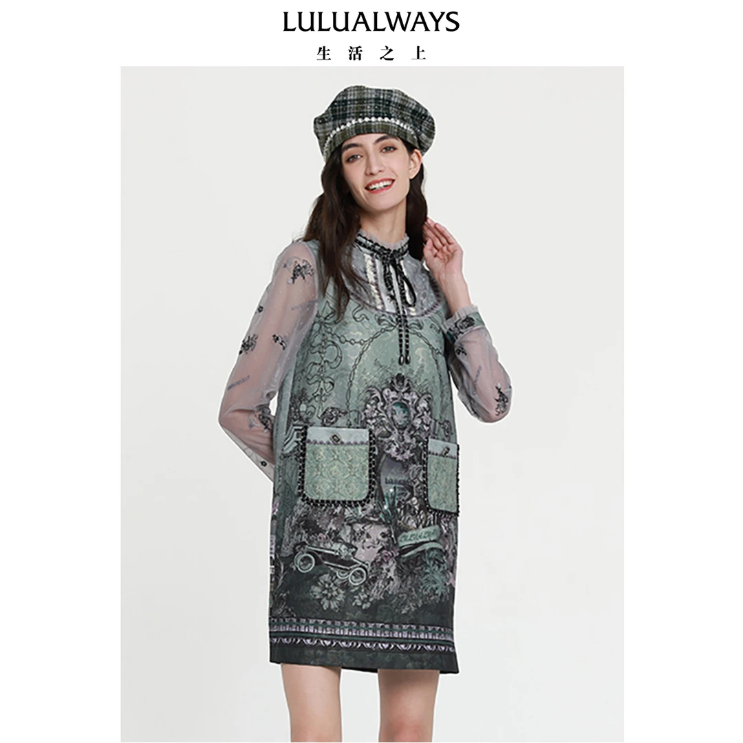 LULUALWAYS23冬季新款复古宫廷风直筒宽松提花连衣裙印花设计师
