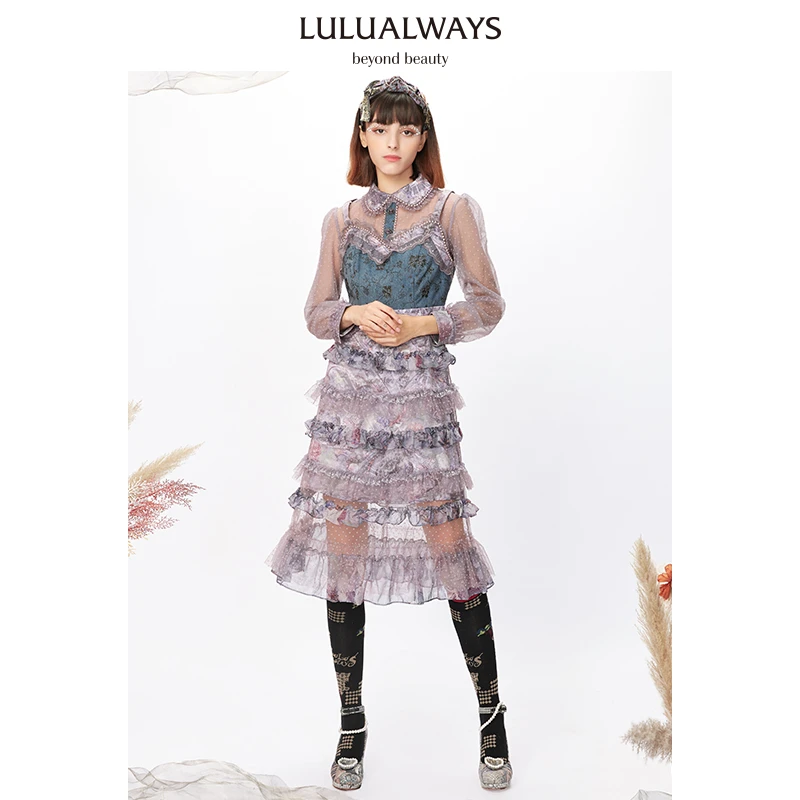 LULUALWAYS法式气质中长款拼接网纱绣花牛仔女装连衣裙LMC5010