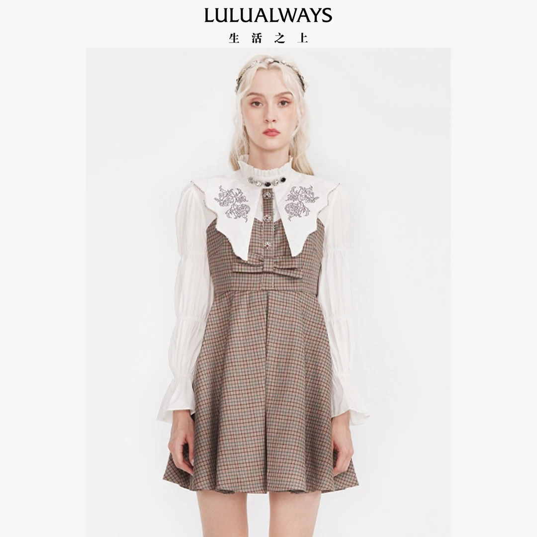 LULUALWAYS 复古撞色格纹立领小香风长袖收腰女装连衣裙LNC5035