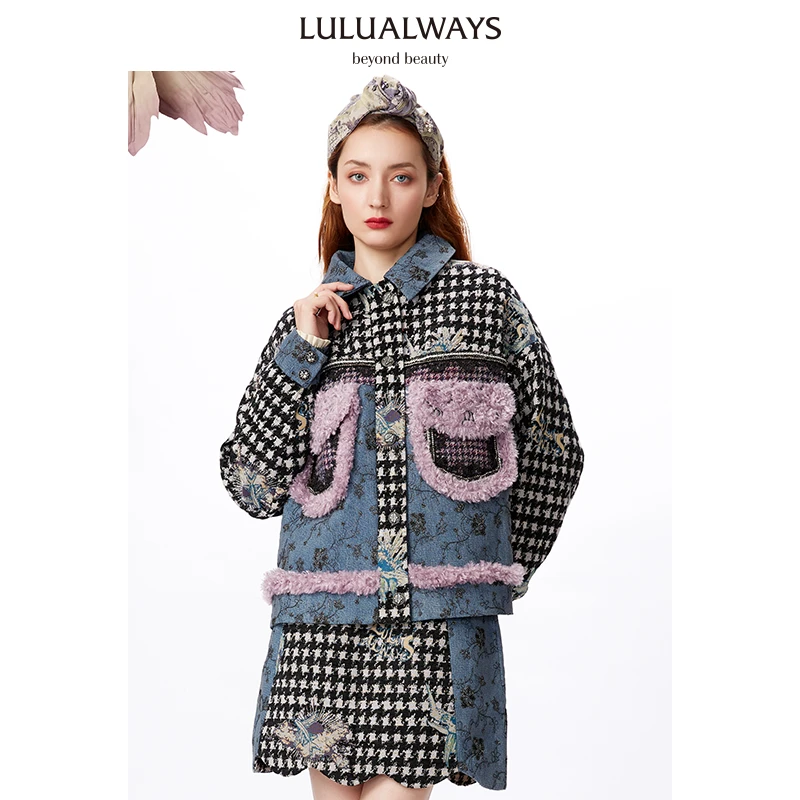 LULUALWAYS 口袋撞色拼接提花牛仔印花棉服千鸟格厚外套