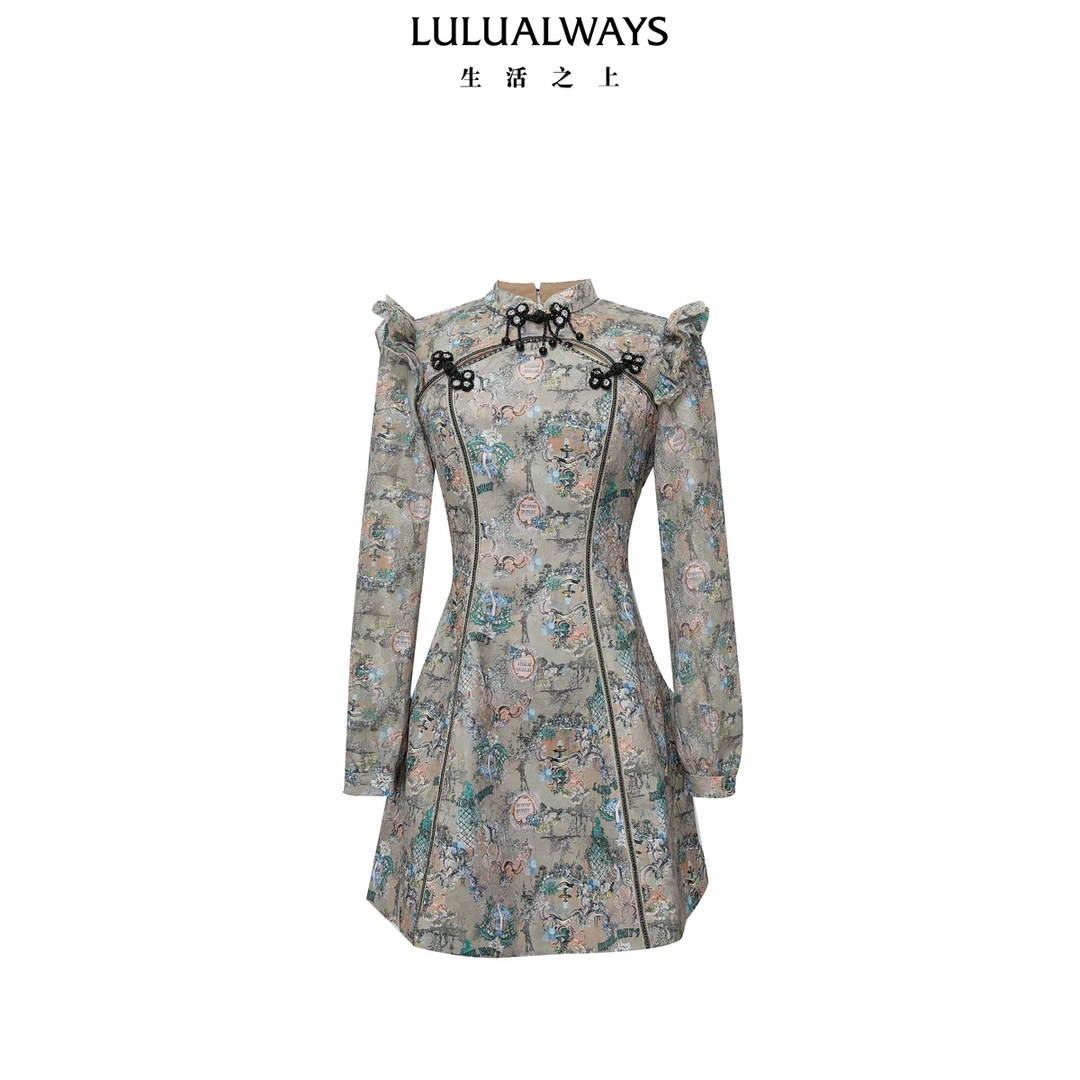 LULUALWAYS我爱露露24秋季新款优雅国风盘扣飞飞袖收腰印花连衣裙