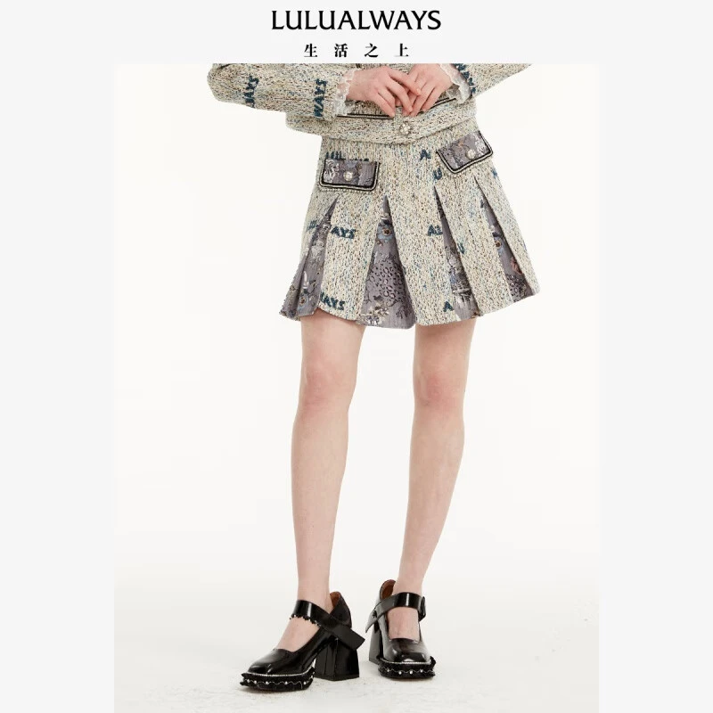LULUALWAYS23春季新款时尚百搭休闲百褶米色A字口袋短半裙LOA4007